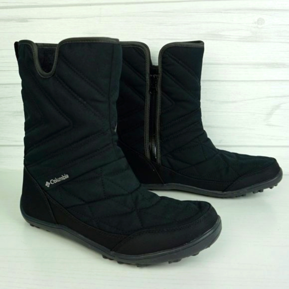 Columbia Minx Slip III Black Winter Snow Boots Side Zip Faux Fur Collar size 8